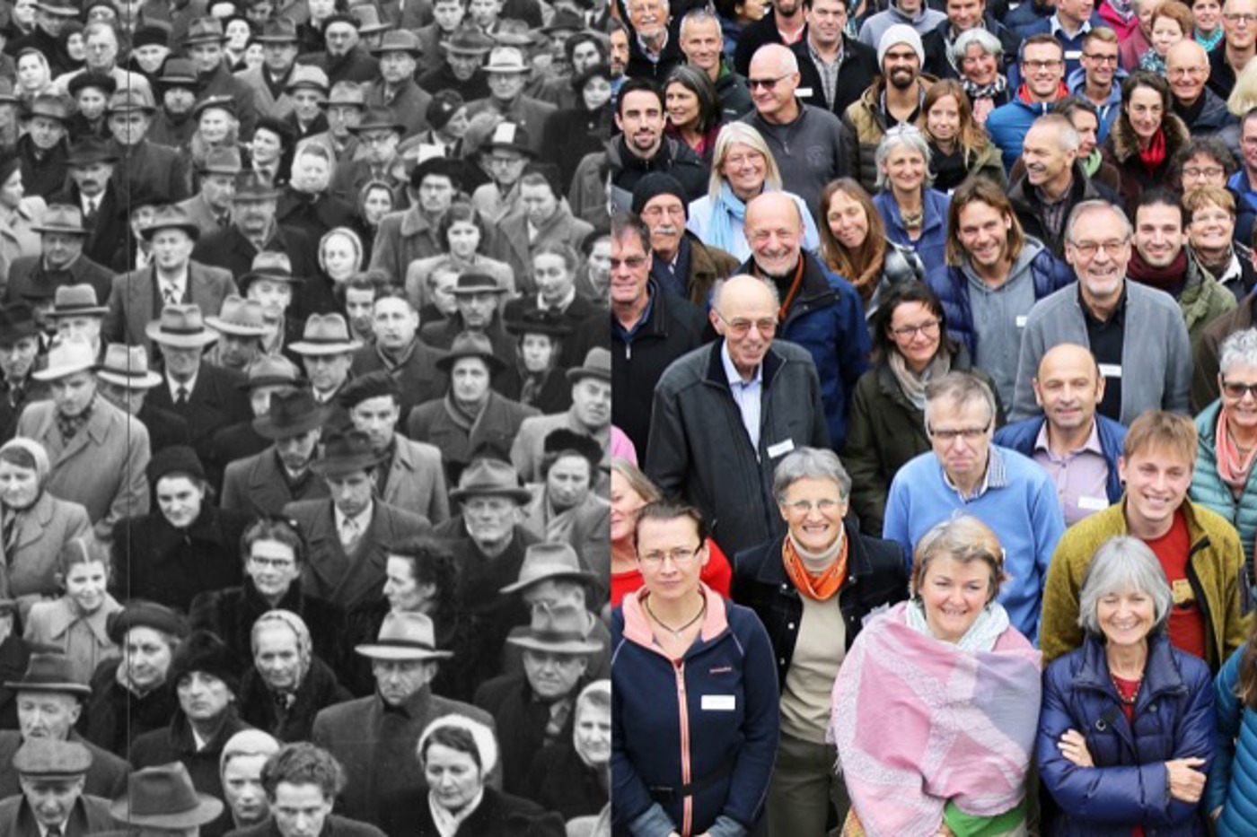 Menschen stehen für die Natur ein: Impressionen von der Demo für den Schutz der Stromlandschaft Rheinau 1952 (links) und von der BirdLife-Naturschutztagung 2016 (rechts). © Schweizerisches Sozialarchiv/F 5067-Fb-004, BirdLife Schweiz